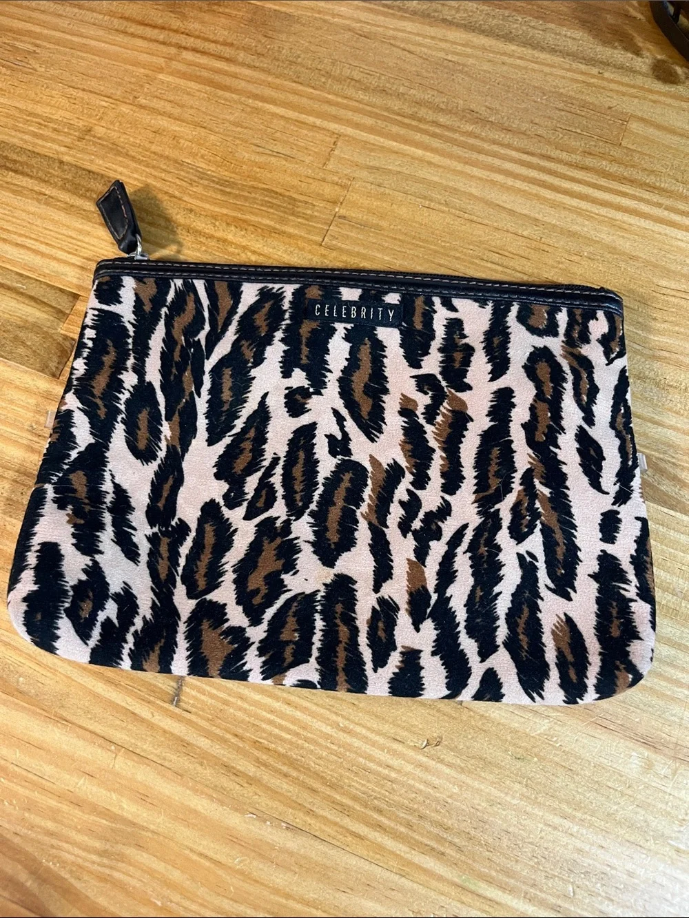 Celebrity Leopard Print Zip Cosmetic Pouch in Brown & Black